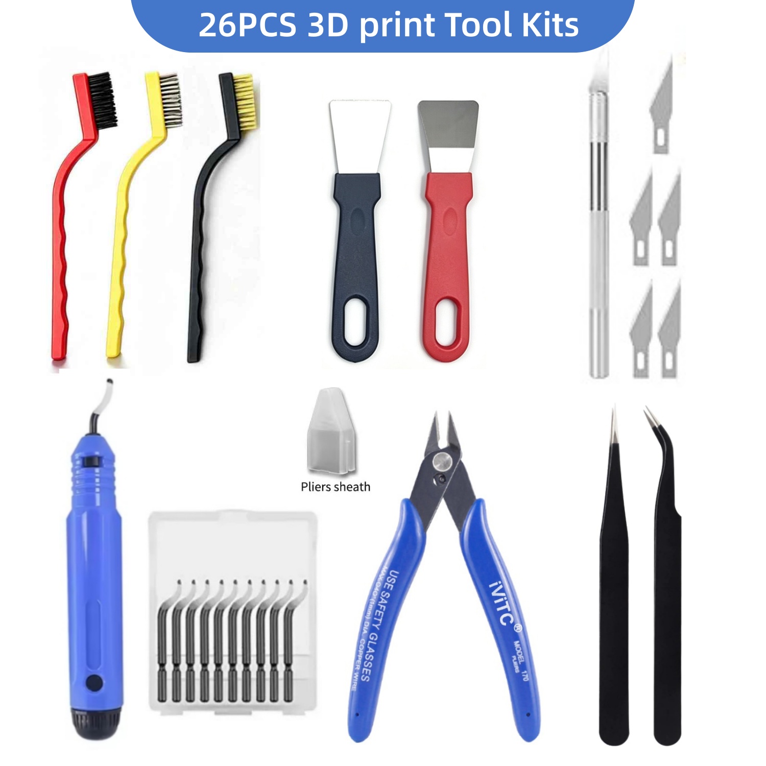 3D Printing Nerd - 26-teiliges 3D-Druckwerkzeug-Set: Schaber, Zangen, Pinzetten, Reinigungsnadeln,