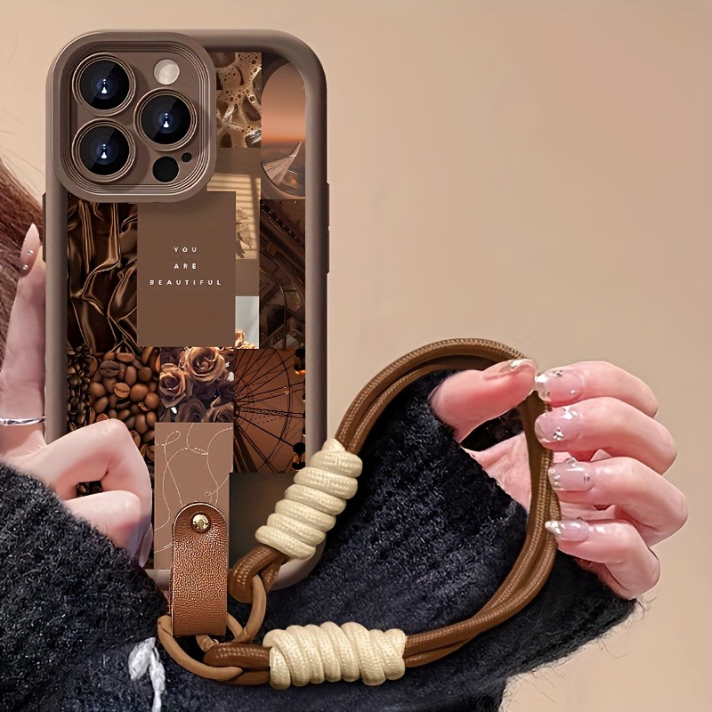3D Printing Housing - Braune Kaffee-Blumen-Druck-Lanyard-Gurt-Seil-Handyhülle für iPhone 17 16